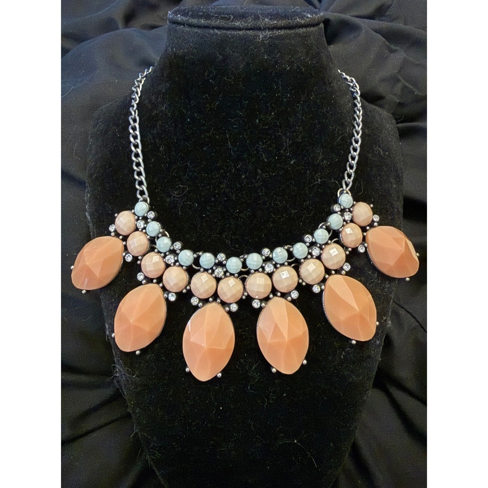 Etc! Peach and Mint Statement Bib Necklace Silver Tone Rhinestone Chunky Jewelry